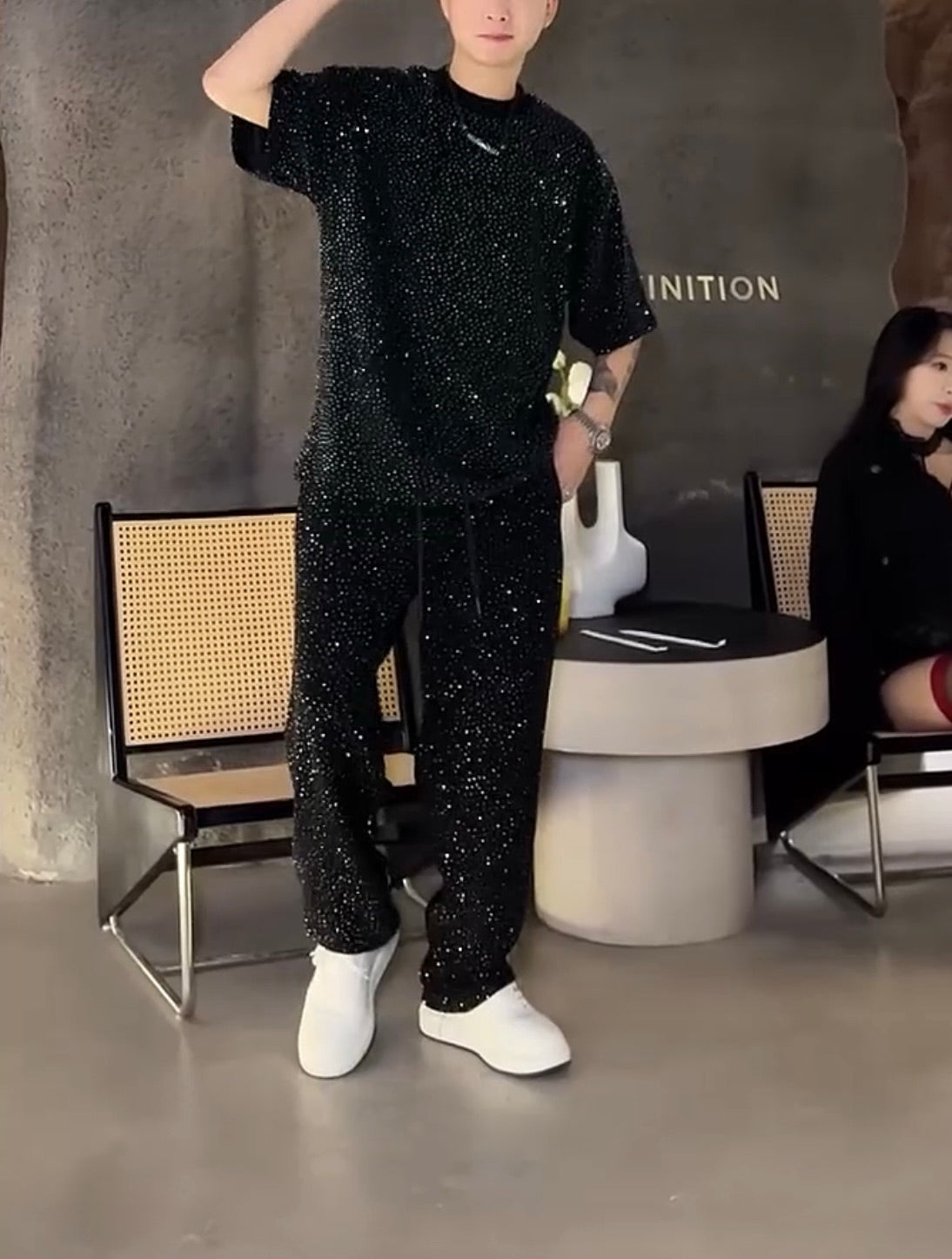 Black Sparkling Rhinestone T-shirt and Pants Set