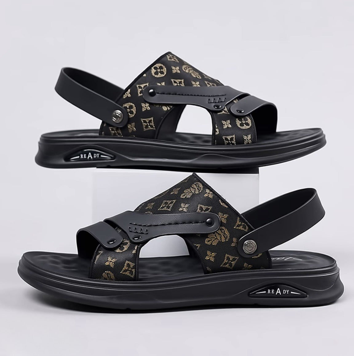 Black Printed Men's Leather Sandals