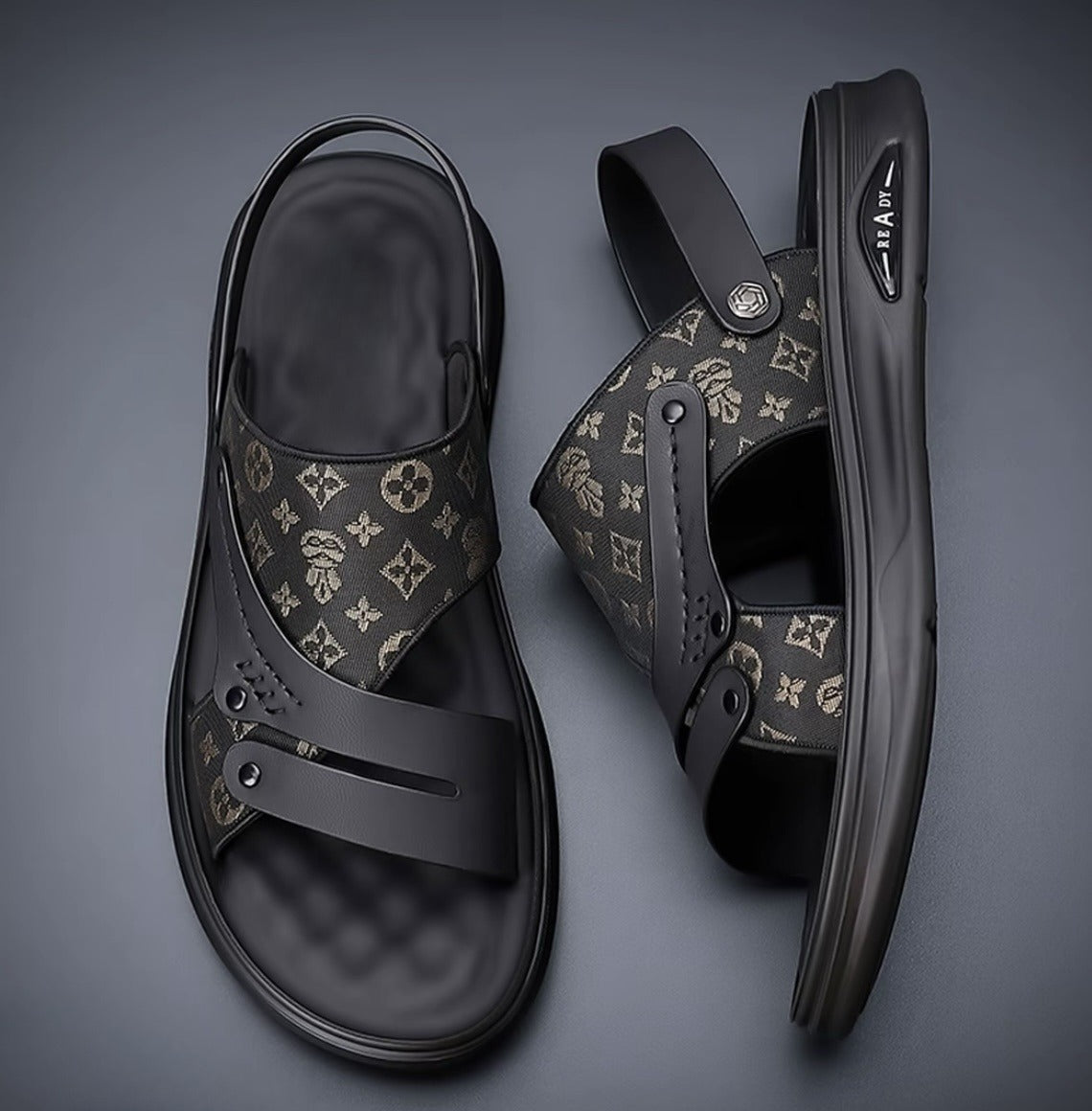 Black Printed Men's Leather Sandals