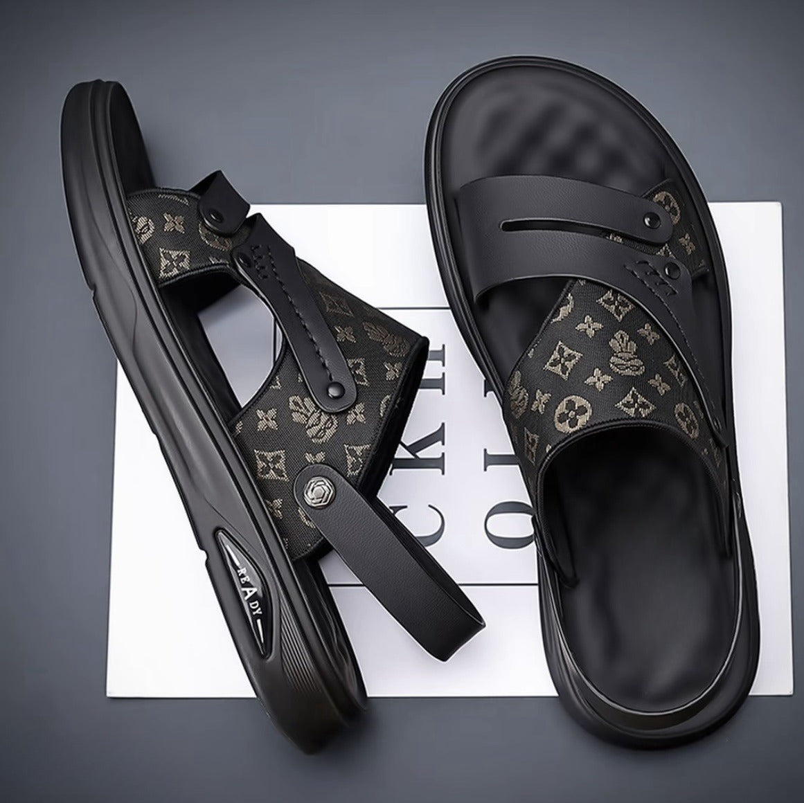 Black Printed Men's Leather Sandals