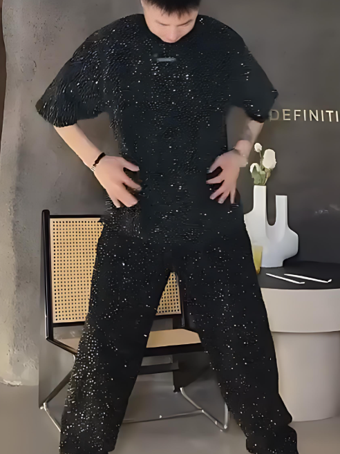 Black Sparkling Rhinestone T-shirt and Pants Set
