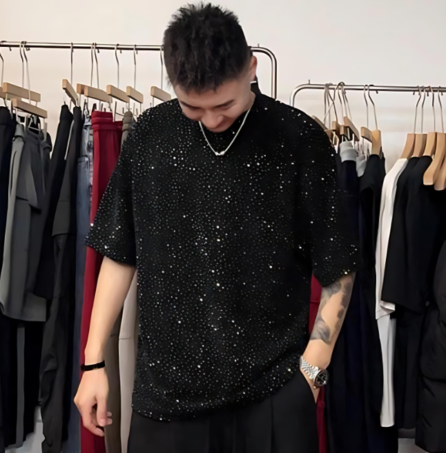 Black Sparkling Rhinestone T-shirt and Pants Set