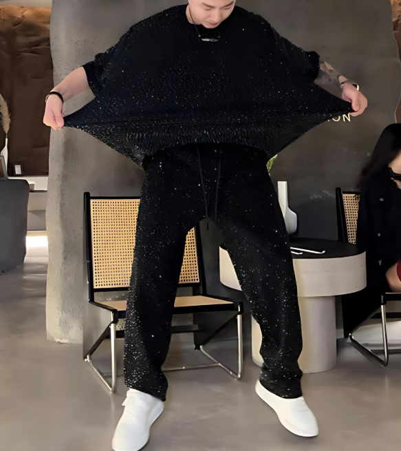 Black Sparkling Rhinestone T-shirt and Pants Set