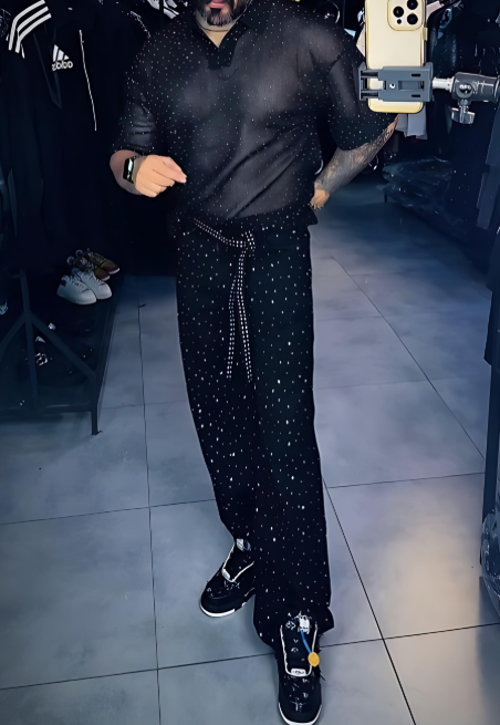 Diamond Tulle See-through T-shirt And Pants Set