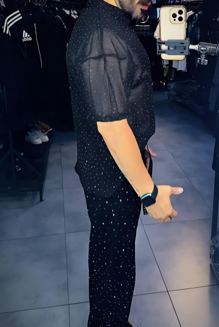Diamond Tulle See-through T-shirt And Pants Set