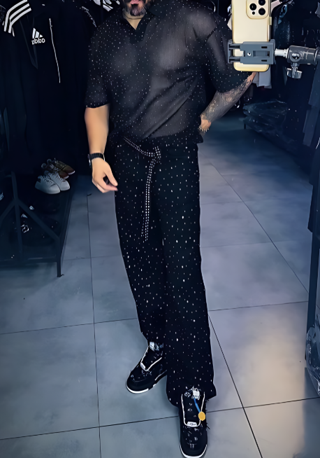Diamond Tulle See-through T-shirt And Pants Set