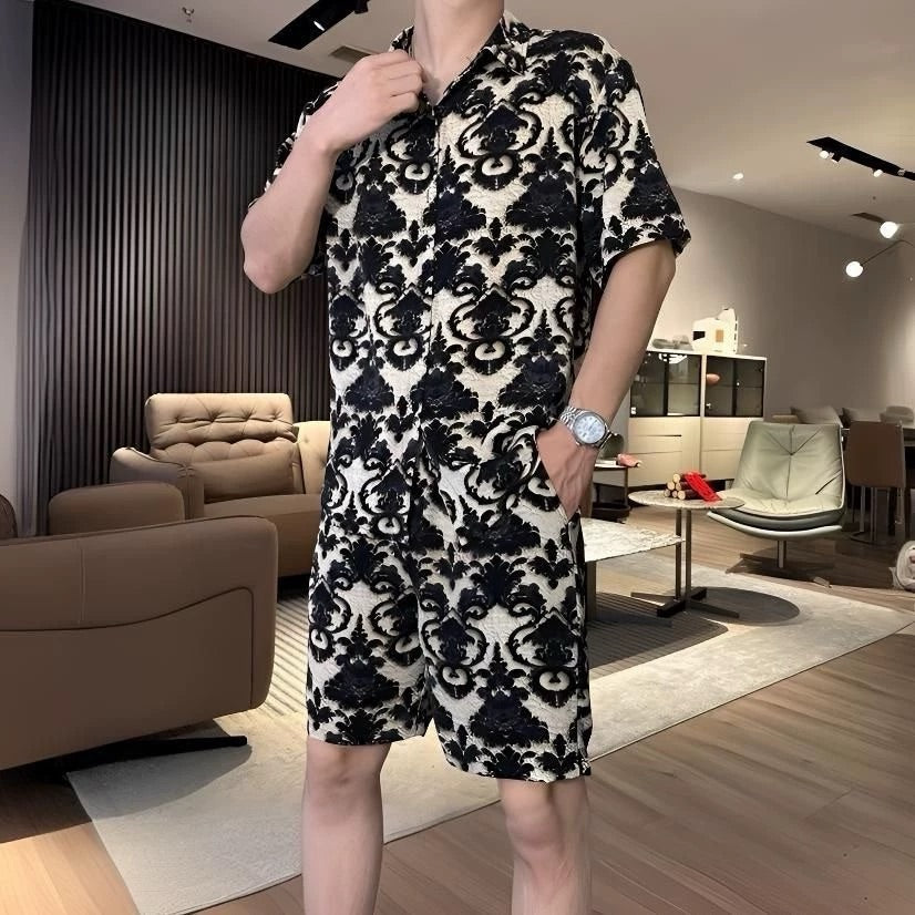 Men's Ice Silk Print Short-Sleeved Shorts Suit