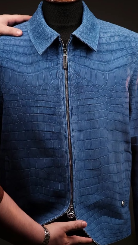 Blue Textured Leather Jacket