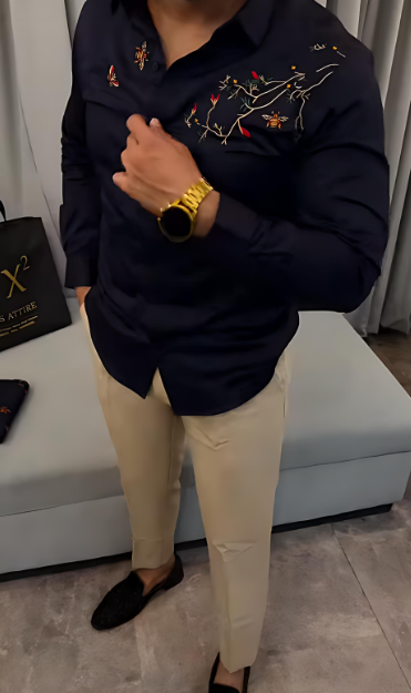 Men's Embroidered Long-Sleeved Shirt