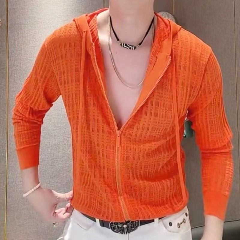 Solid Color Hollow Knit Hooded Cardigan