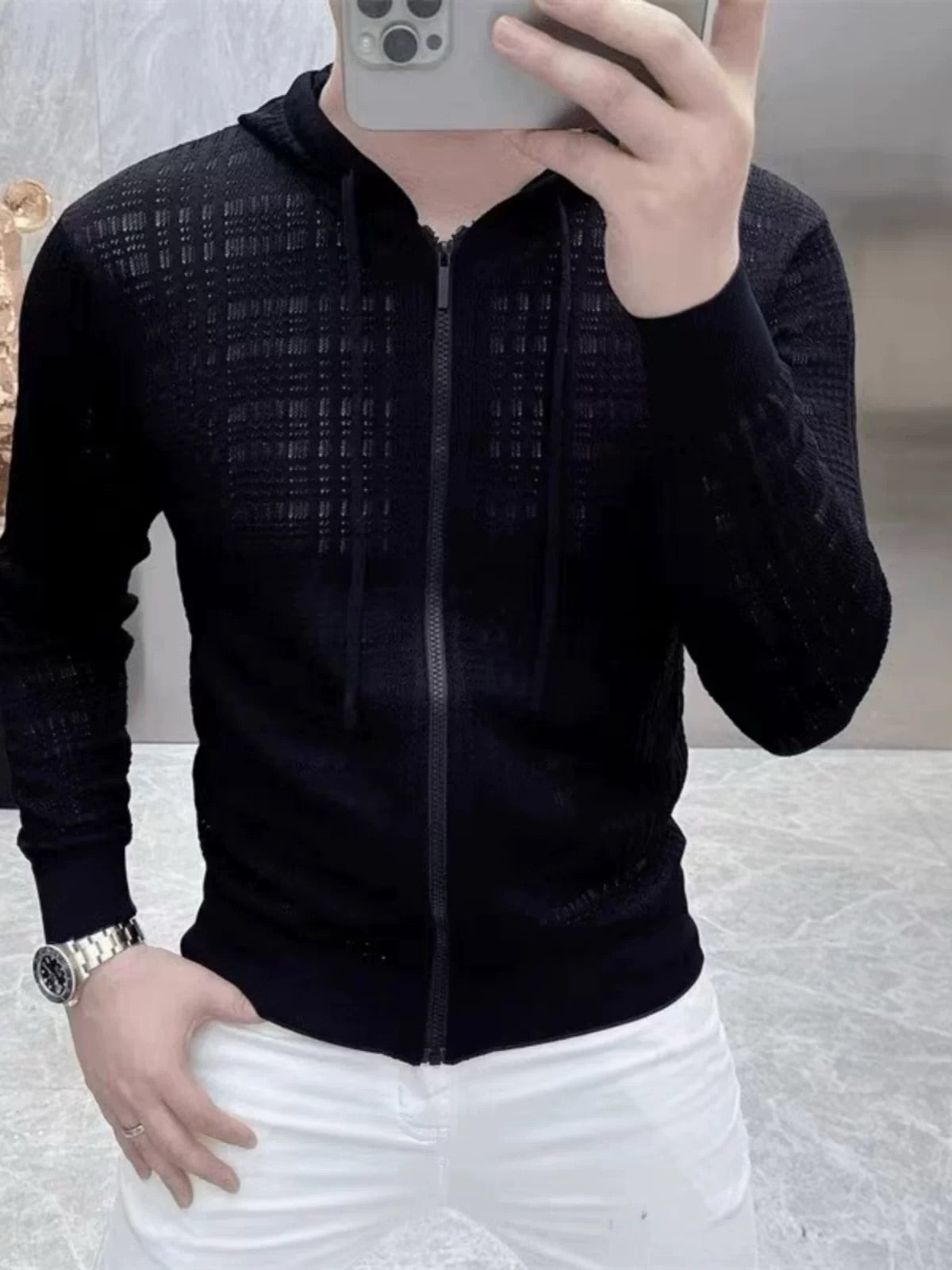 Solid Color Hollow Knit Hooded Cardigan
