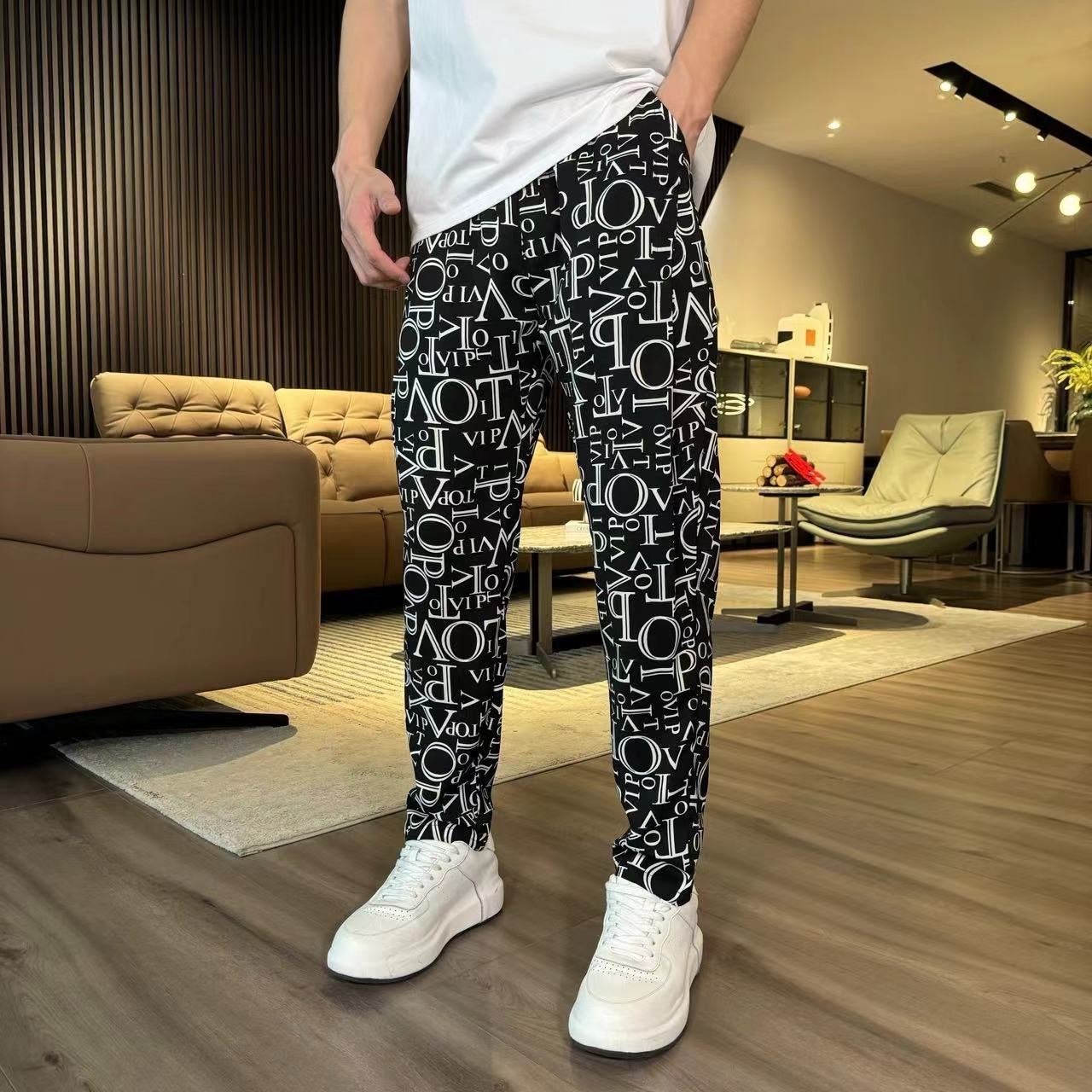 Men's Black Letter Print Pants