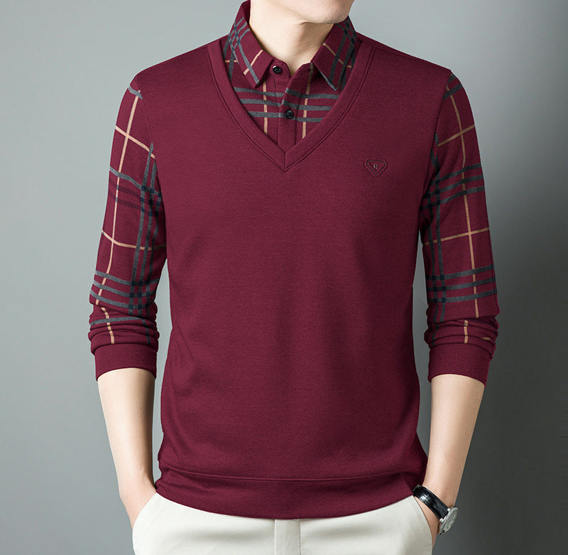 Men's Fleece Fake Two-Piece Long-Sleeved Shirt