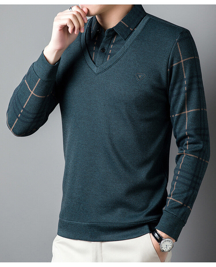 Men's Fleece Fake Two-Piece Long-Sleeved Shirt