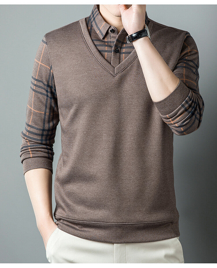 Men's Fleece Fake Two-Piece Long-Sleeved Shirt