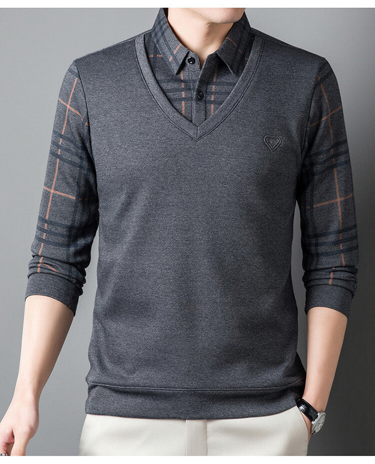 Men's Fleece Fake Two-Piece Long-Sleeved Shirt