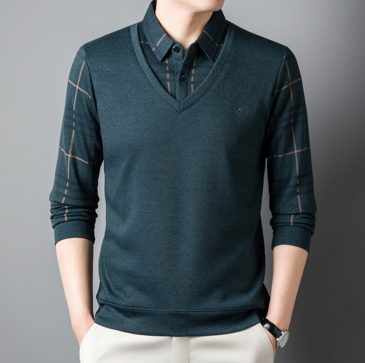 Men's Fleece Fake Two-Piece Long-Sleeved Shirt
