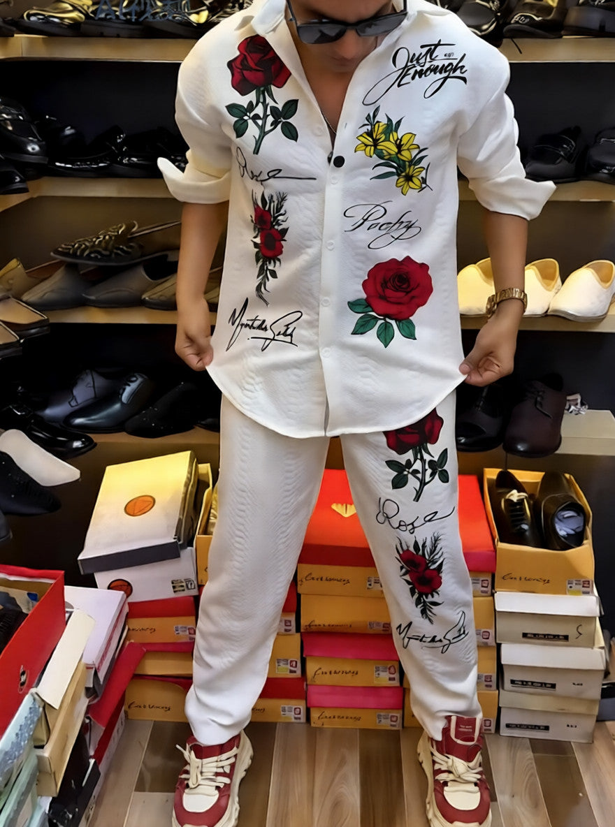 Men's floral print shirt and pants two-piece set