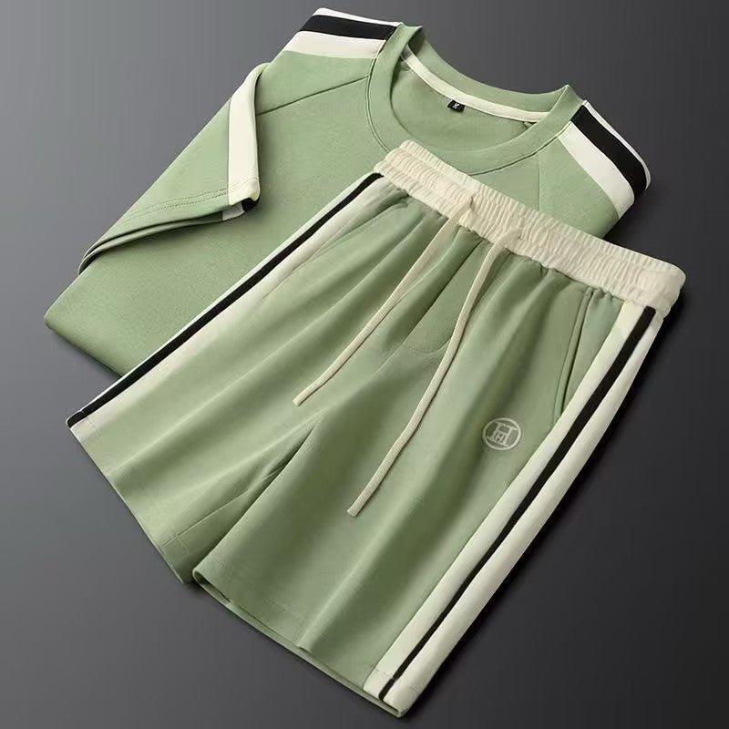 Men's Color Block Embroidered Letter Short-Sleeve and Shorts Set