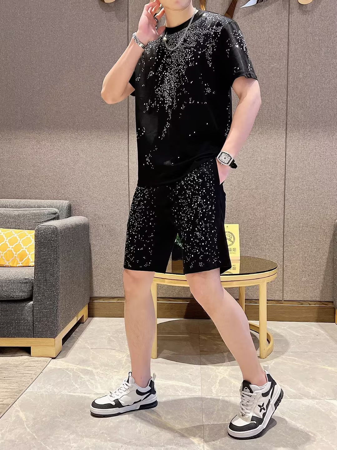 Men's Black Casual Rhinestone Short-Sleeve and Shorts Set