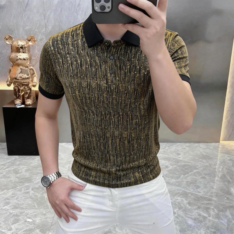 Men's gold-threaded polo collar shirt