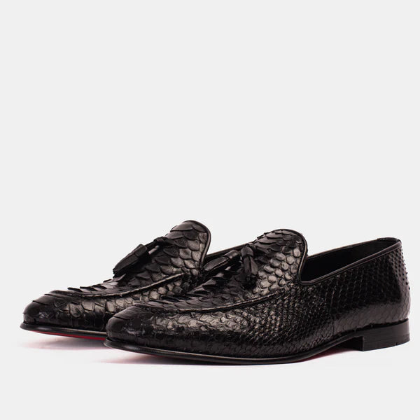 Black Textured Tassel Men's Loafers