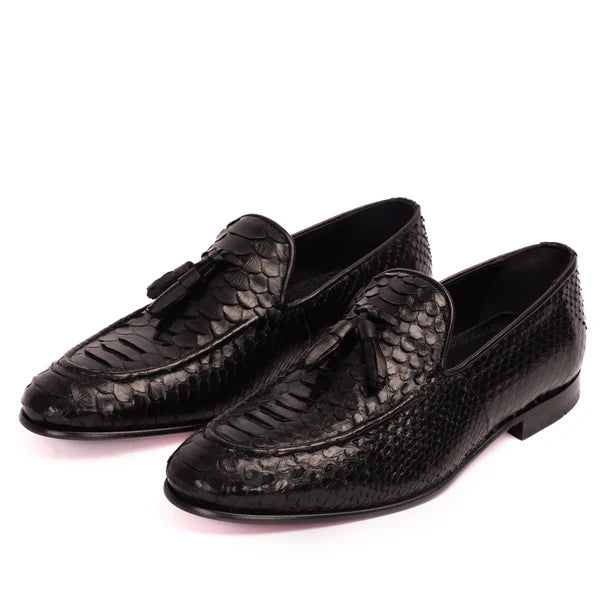 Black Textured Tassel Men's Loafers