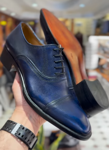 Textured Blue Men's Leather Shoes