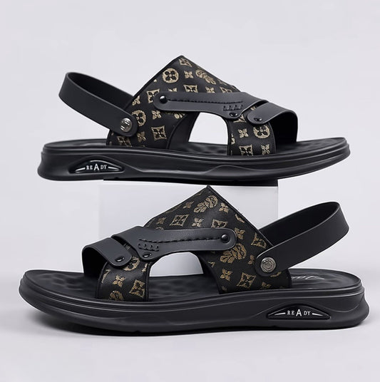 Black Printed Men's Leather Sandals