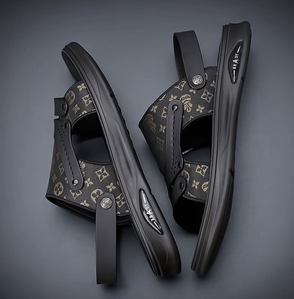 Black Printed Men's Leather Sandals