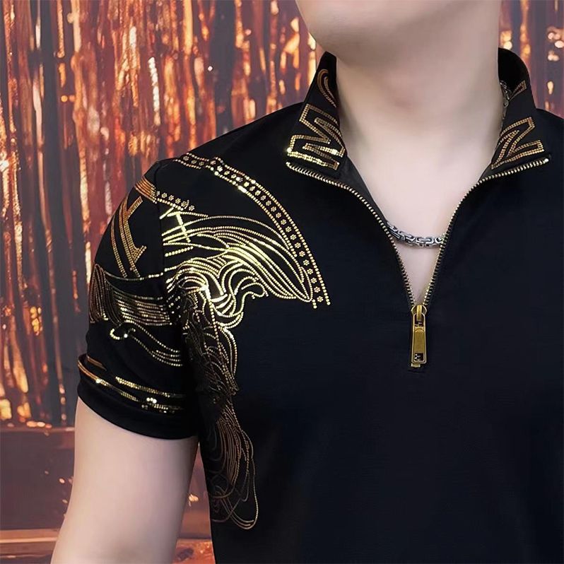 Men's Gold Print Zipper Lapel T-shirt