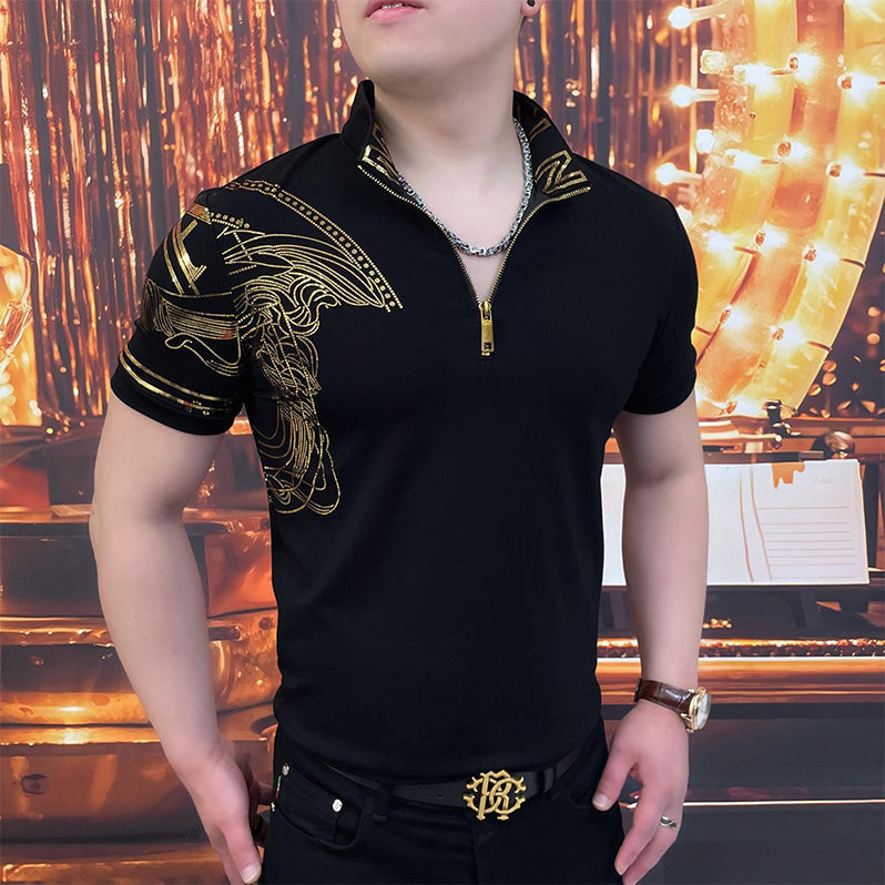 Men's Gold Print Zipper Lapel T-shirt