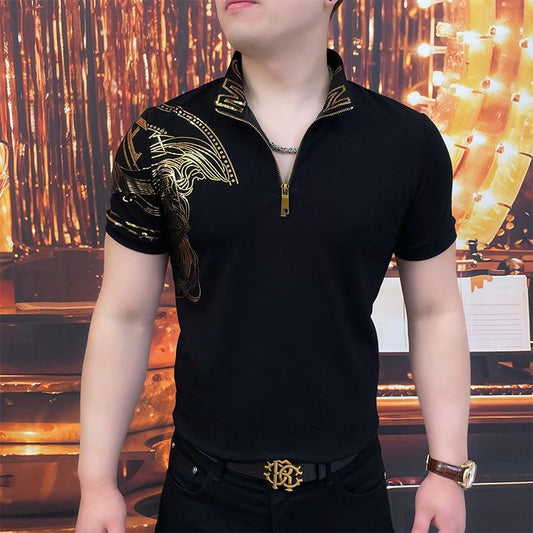 Men's Gold Print Zipper Lapel T-shirt
