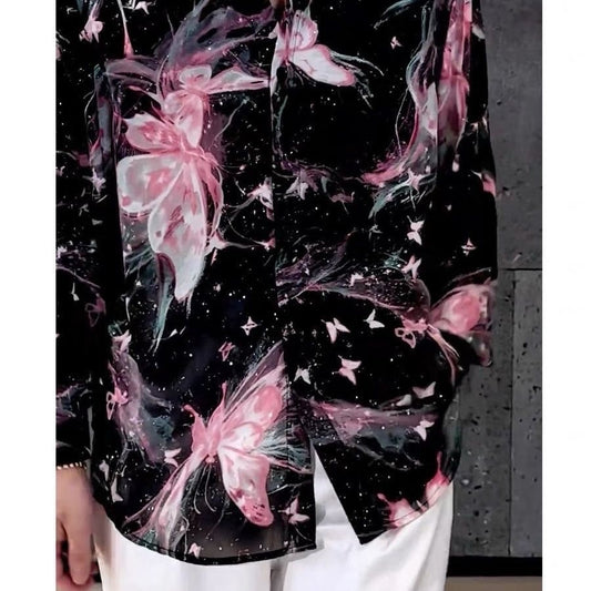 Pink Butterfly Sparkling Rhinestone Men's Shirt