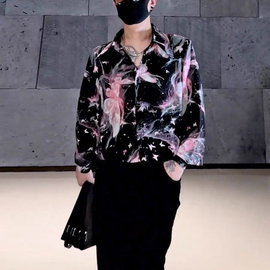 Pink Butterfly Sparkling Rhinestone Men's Shirt