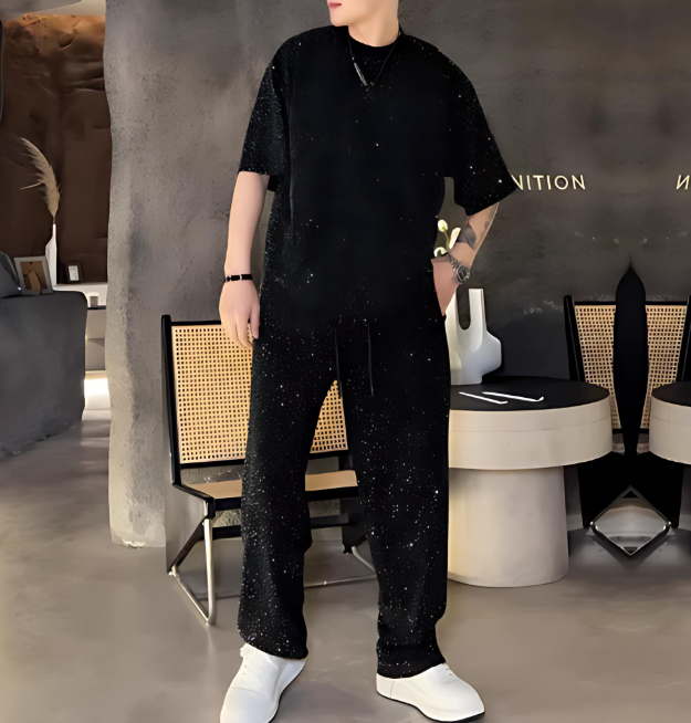 Black Sparkling Rhinestone T-shirt and Pants Set