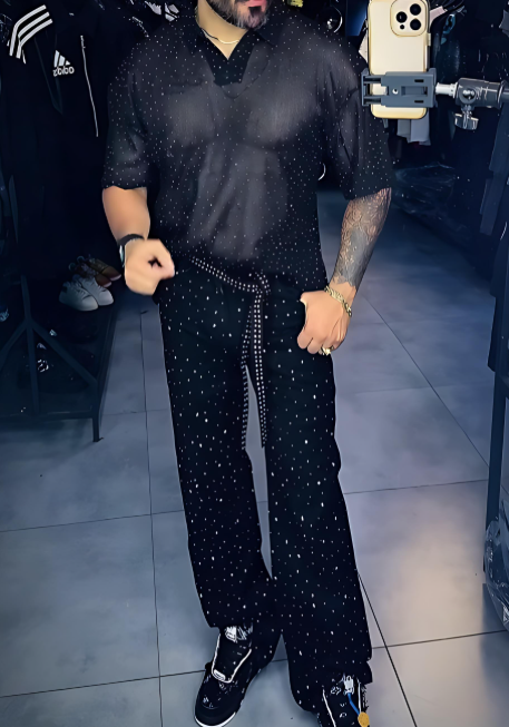 Diamond Tulle See-through T-shirt And Pants Set