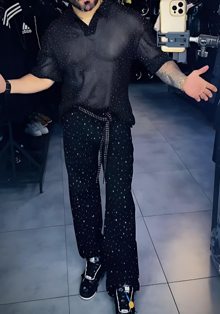 Diamond Tulle See-through T-shirt And Pants Set