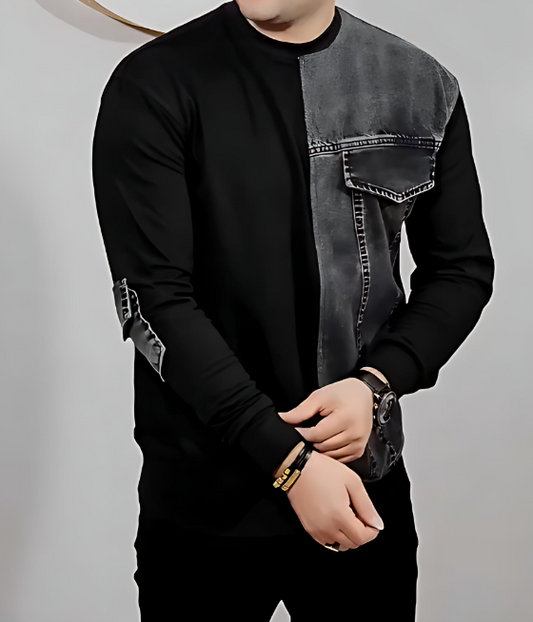 Men's Patchwork Denim Long-Sleeved Top