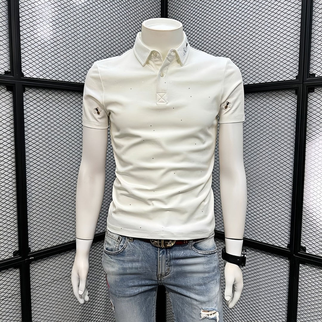 Men's Rhinestone Embroidered Polo Collar T-shirt