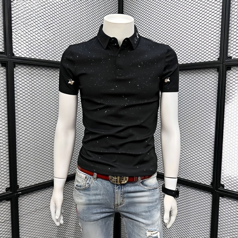 Men's Rhinestone Embroidered Polo Collar T-shirt