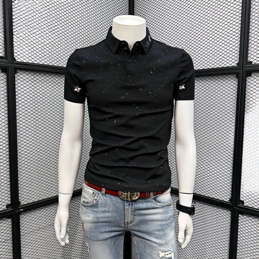 Men's Rhinestone Embroidered Polo Collar T-shirt