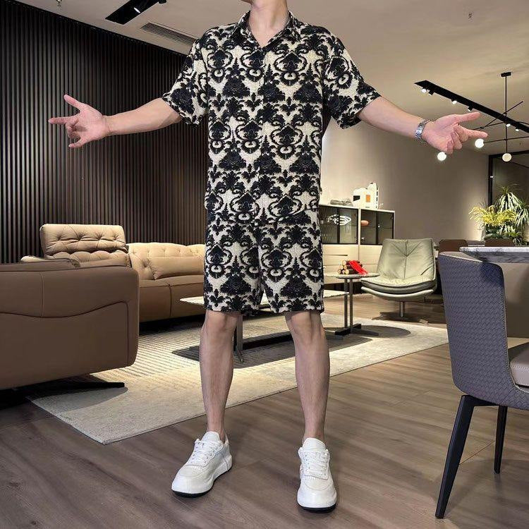 Men's Ice Silk Print Short-Sleeved Shorts Suit