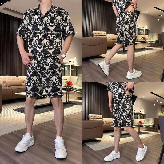 Men's Ice Silk Print Short-Sleeved Shorts Suit