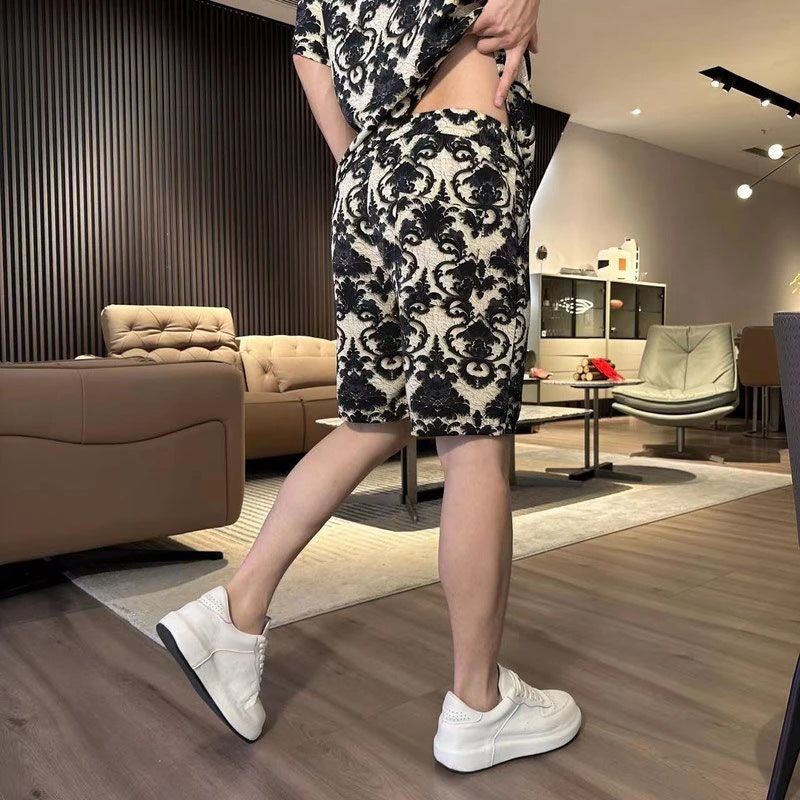 Men's Ice Silk Print Short-Sleeved Shorts Suit