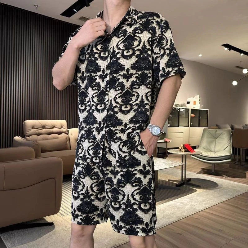 Men's Ice Silk Print Short-Sleeved Shorts Suit
