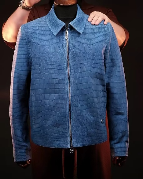 Blue Textured Leather Jacket