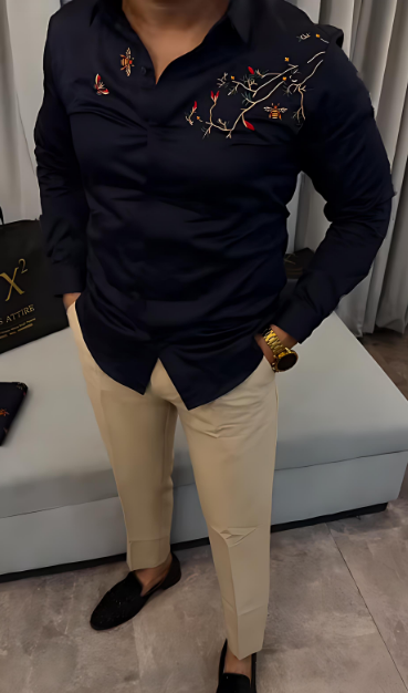 Men's Embroidered Long-Sleeved Shirt