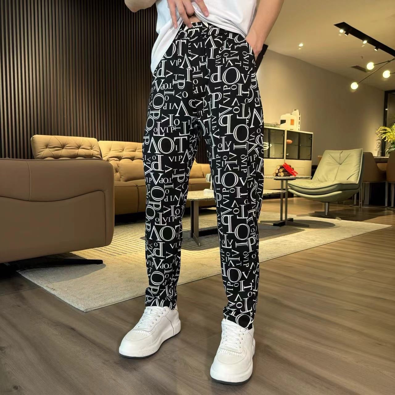 Men's Black Letter Print Pants