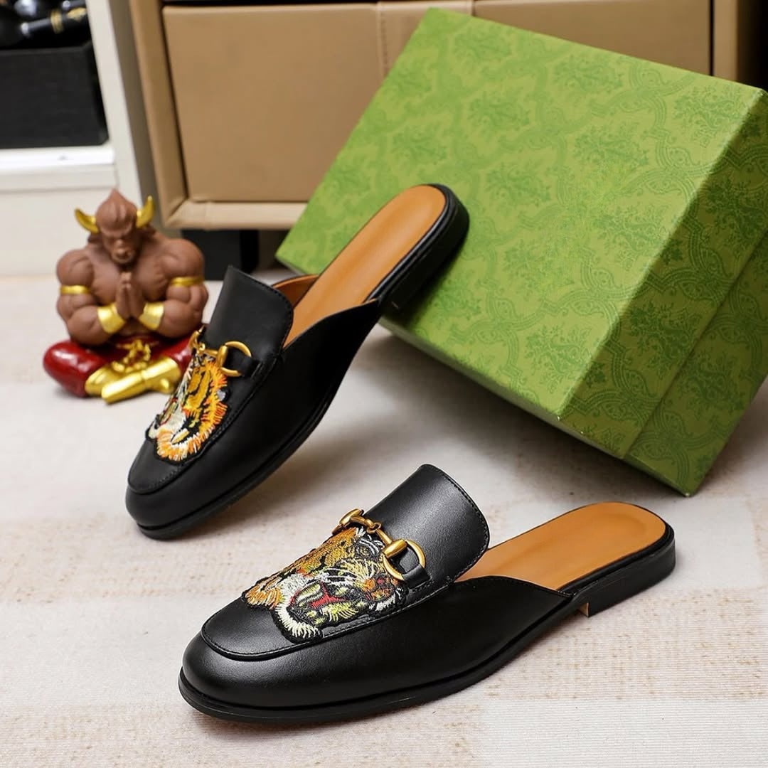 Tiger Embroidered Slip-On Leather Slippers